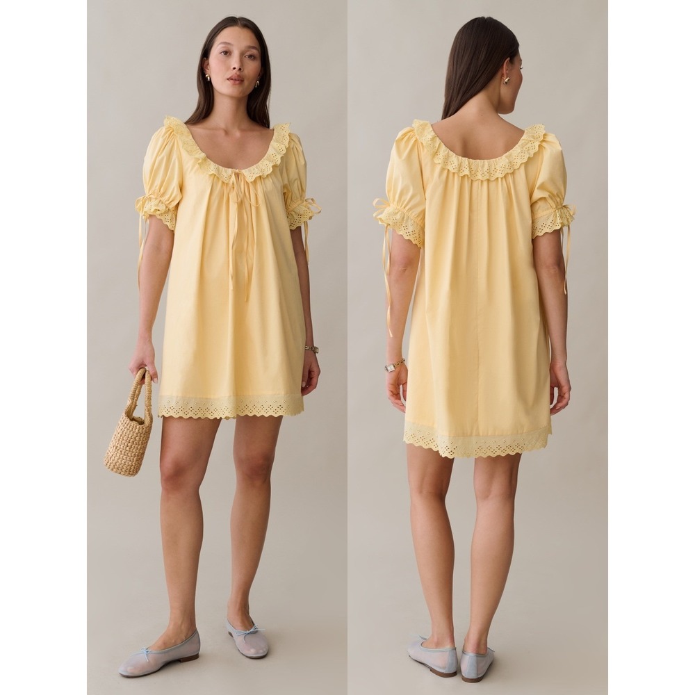 NWT Kourt Juliet Eyelet Cotton Mini Dress in Light Yellow - Size Large
